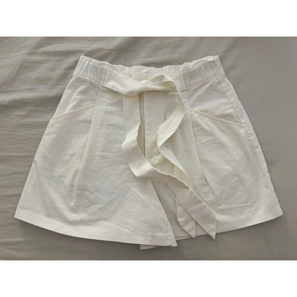 ZARA Women’s White Solid Paperbag Tie Waist Shorts S Pockets Zip Flat Front